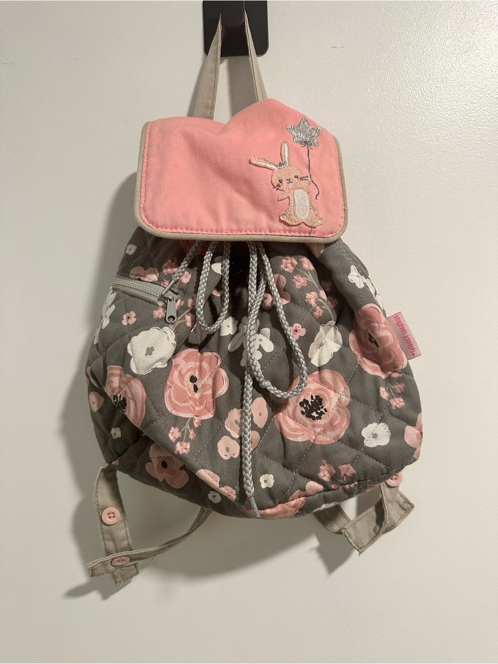Girls Pink & Gray Quilted Floral Backpack with Bunny Patch